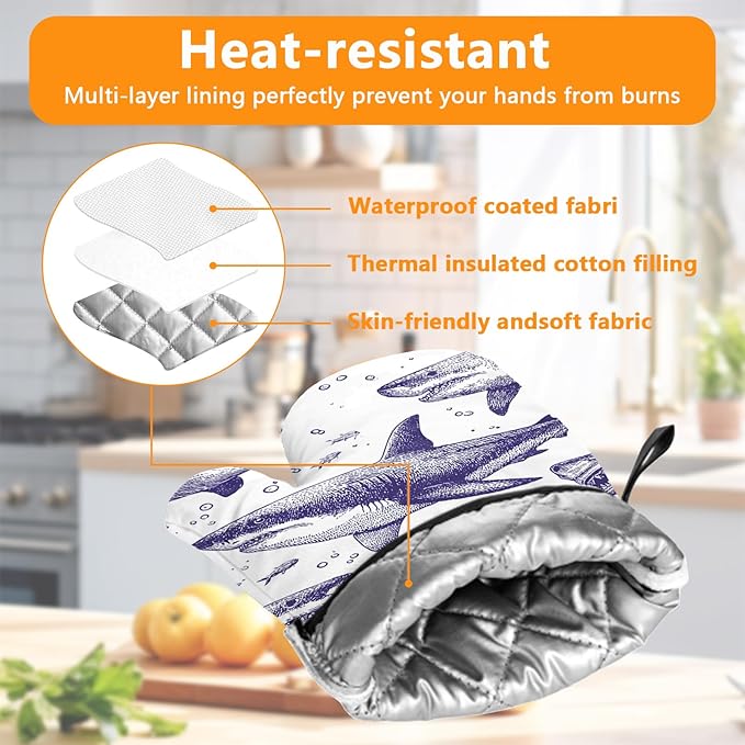 Cool Shark Oven Mitts and Pot Holders Sets 4Pcs Silicone Non-Slip Mitts Heat Resistant Gloves Hot Pads for Kitchen Cooking Baking Grilling BBQ