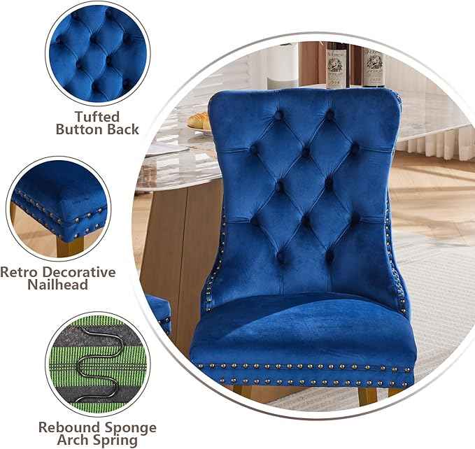 Velvet Dining Chairs Set of 2, Modern Tufted Dining Room Chair, Upholstered Dining Chairs with Lion Head Pulls Ring and Golden Solid Wood Legs, Luxury Kitchen Chairs for Dining Room, Blue