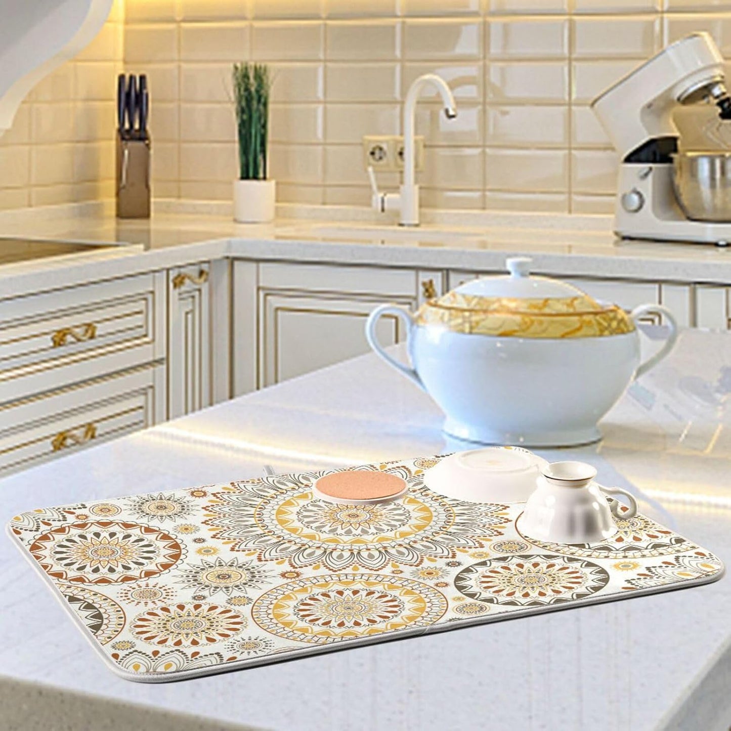 Mandala Ethnic Bohemian Ornament Dish Drying Mat for Kitchen Counter Absorbent Microfiber Drying Pad, Medium 16x18 in, Reversible Drainer Mats