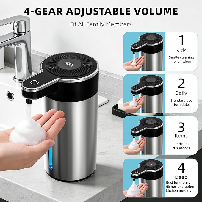 Automatic Foaming Soap Dispenser Touchless, Clog-Free Pump, 0.2s Fast Sensor, USB-C Rechargeable &13.5 oz/400ml Rechargeable, 4 Adjustable Liquid Levels, IPX5 Waterproof,Level Display