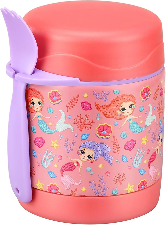 10oz Soup Thermo for Hot Food Kids,Lunch Thermo Kids Food Jar with Spoon Hot Insulated Food Containers,Leak Proof Stainless Steel Wide Mouth Lunch Thermo Jar for School(Pink-Mermaid)