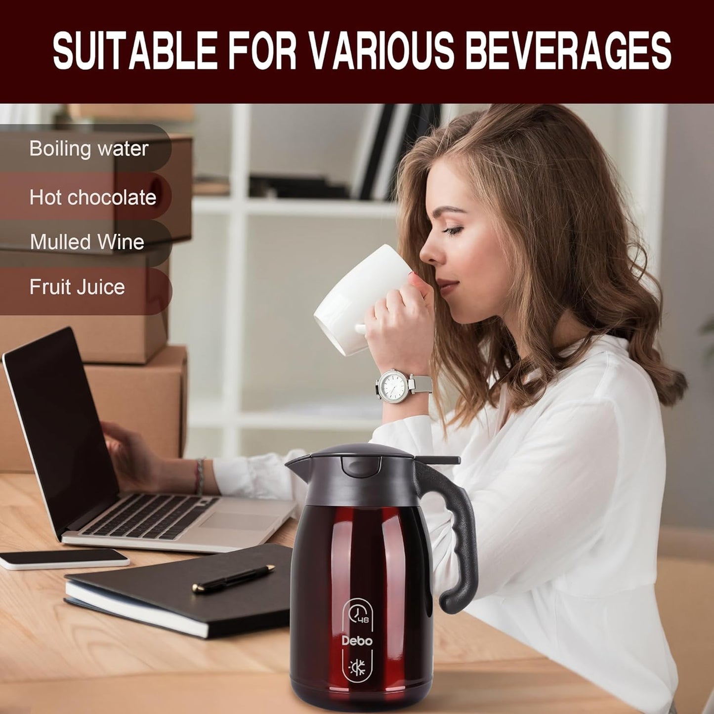 Thermal Coffee Carafe-71oz vacuum Coffee Carafe For Keeping Hot Liquids,Coffee Carafe,Thermal Stainless Steel, Coffee Carafes Press On Lid, Coffee Dispenser.(2.1l) Red