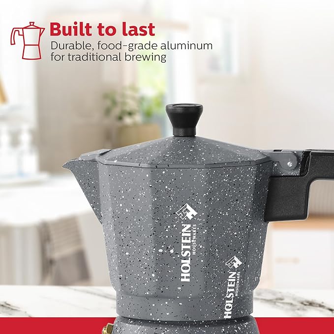 Holstein Housewares - 6 Cup Aluminum Stovetop Espresso Maker and Moka Pot - Great Tasting Traditional Espresso Coffee, Italian and Cuban Café Brewing in Minutes, Silver