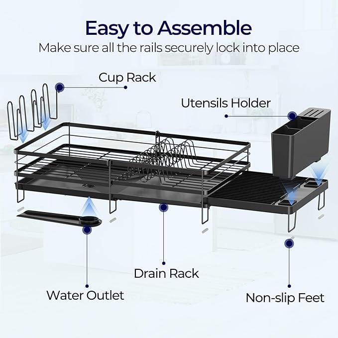 Large Dish Drying Rack, Expandable Dish Rack for Kitchen Counter, Dish Drainer with Drainboard Set, Multifunctional Dishrack with Utensil & Cup Holder, 13.4"-28.7" L x 11.8" W x 7.8" H, Black