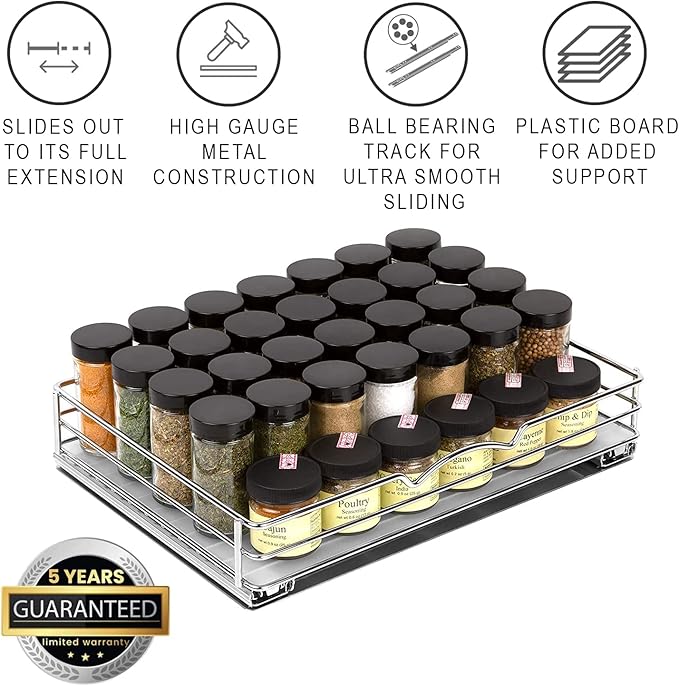 Pull-Out Cabinet Spice Rack Organizer - Slim Slide-Out Storage for Spices, Bottles & Jars, Premium Heavy-Duty Steel, Easy Install for Narrow Kitchen Cabinets - 14 ⅜ W x 10 ⅜ D x 2 ¾ H, Chrome