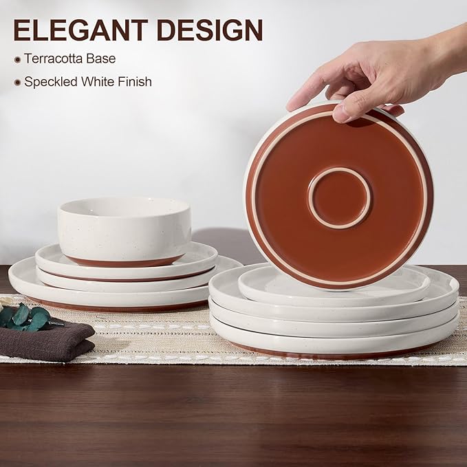 E-far 24-Piece Stoneware Dinnerware Sets, Plates and Bowls Sets for 8, Ceramic Dishware Dishes Set with Terracotta Base, Chip & Scratch Resistant, Microwave & Dishwasher Safe, Speckled White