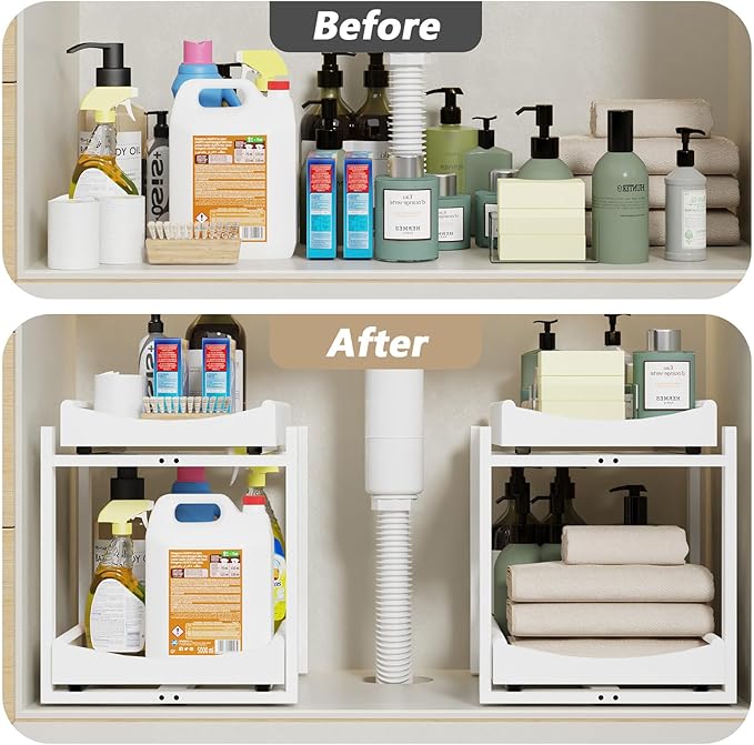 Bamboo Under Sink Organizer Adjustable Height 2 Tier Bathroom Organizer Pull Out Cabinet Storage Kitchen Heave Duty Wood Slide Ou Shelf for Kitchen Bathroom (Black, 2 Packs) (White, 2 Packs)