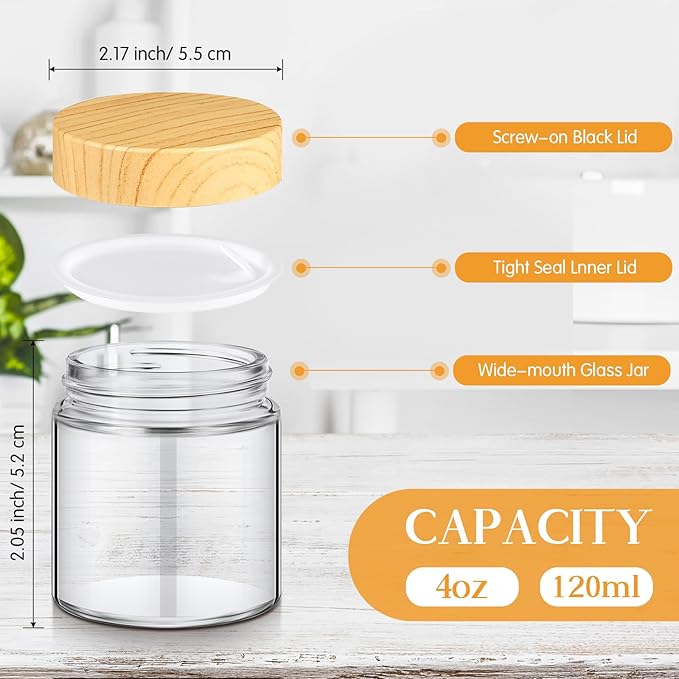 Norme 2 Pcs Glass Jars with Lids, Empty Glass Containers with Woodgrain Lids & Inner Liners, Reusable for Storing Creams Lotions Cosmetic Powder Ointments Candle Making (4 oz,Natural Wood)