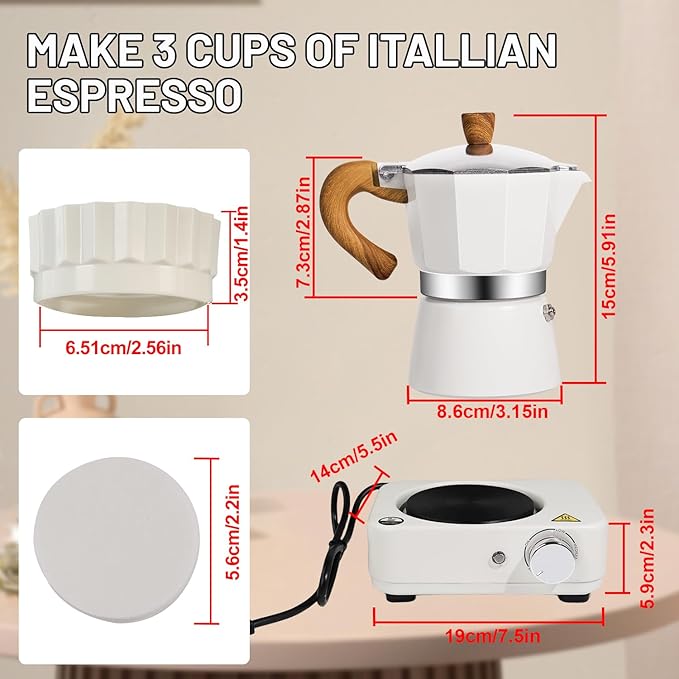 4-in-1 Moka Pot Espresso Set with Electric Stove 3 Cup Aluminum Stovetop Coffee Maker Percolator Italian Classic Mocha Coffee Machine with Powder Dispenser Filter Paper Portable Camping White