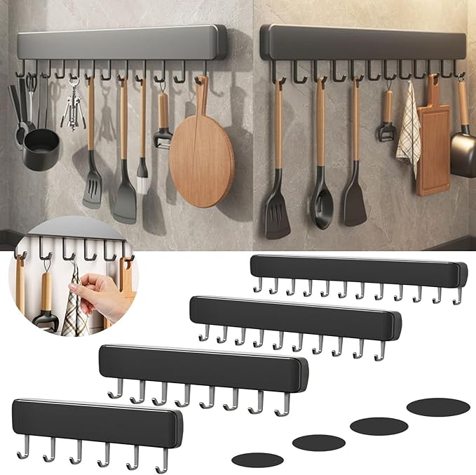 Generic Kitchen Utensil Hanger Wall Mounted Hooks, No Drilling Removable and Adjustable Hooks Kitchen Rail with 8 Hooks for Hanging Cooking Utensils, Mugs, Spoons (8 Hooks), Black