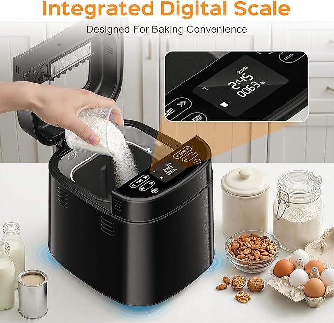 2.5LB Bread Maker with Built-in Electronic Scale, 25-in-1 Bread Machine, Beginner-Friendly with Adjustable Baking & Fermentation, Non-Stick Easy-Clean Pan, Quiet, 15H Delay, Recipes, Jet Black