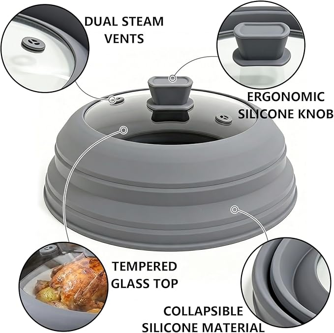 3 in 1 Microwave Splatter Glass Cover with Silicone Mat and Base Plate,BPA Free Collapsible Silicone Microwave Food Cover with Vent Hole and Anti-scald Silicone Handle,Dishwasher Safe (Large-Gray)