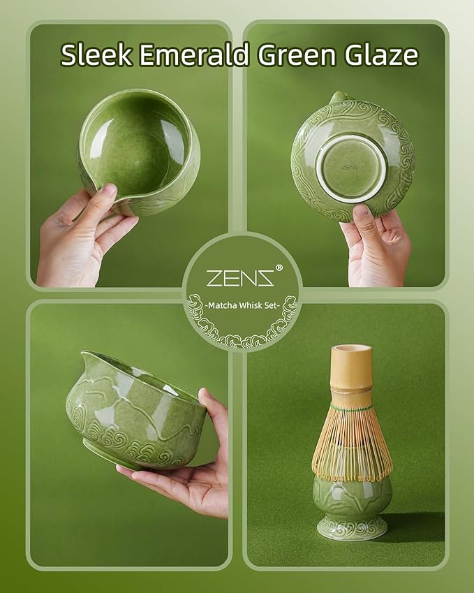 ZENS Matcha Whisk Set, 6Pcs Matcha Kit Set Includes Ceramic Bowl, Bamboo Whisk and Chasen Holder,Scoop, 304 Stainless Sifter & Tea Mat, Matcha Set for Tea Ceremony, Blue