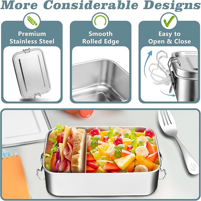 TeamFar Stainless Steel Bento Box, 3 Pack (16, 28 & 47oz) Metal Lunch Box with 3 Compartments for Adults Kids, Lunch Food Containers for School/Work/Meal Prep, Leak-Proof, 550ML+850ml+1400ML