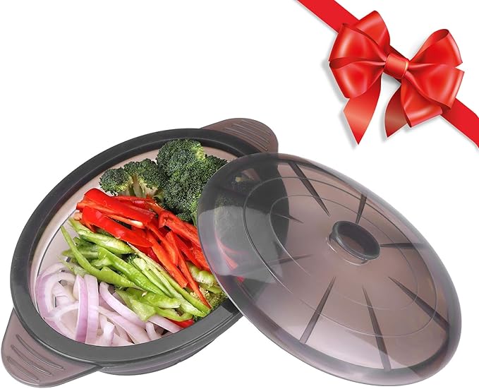 Microwave Steamer Cooker Collapsible Bowl Silicone Baked Potato Cookware with Handle Lid for Vegetables Fish Prep Meal Food with Removable Rack BPA Free Easy to Store Freezer Dishwasher Safe Black