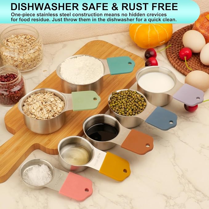 Magnetic Measuring Cups and Spoons Set of 16, 7 Stainless Steel Measuring Cups, 8 Double-Sided Measuring Spoons with 1 Leveler, Color Coded Handles, Dual Markings for Dry and Liquid Ingredients