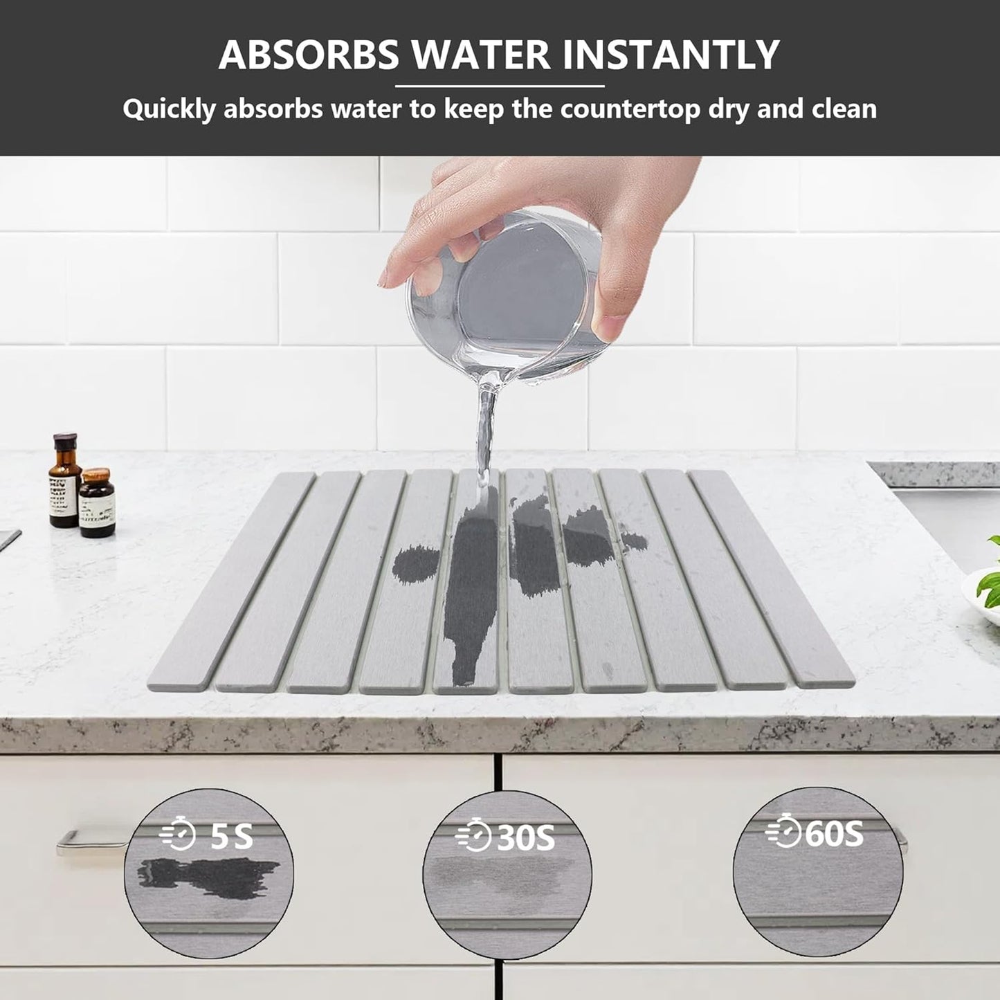 Large Stone Drying Mat for Kitchen Counter Diatomaceous Earth Collapsible 24”（L）*16”（W）Super Heat Resistant Mats, Quick Absorbent Dish Drying Rack（Gold marble）