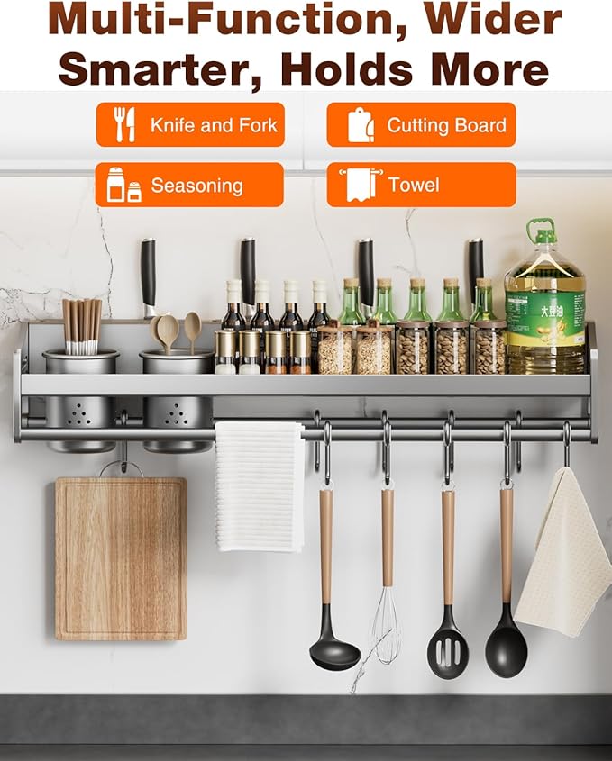 utensil hanger, wall mounted kitchen rail with hooks, waterproof hooks for kitchen utensils, easy installation without drilling (19.7 inches, Cups, 2)