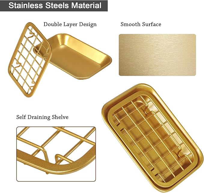 SheeChung 2 Pack Vintage Farmhouse Decor Metal Vanity Tray and 2 Pack Bathroom Soap Dishes Tray with Drain Metal Sponges Scrubber Holder Bar Soap Dispenser Saver - Gold