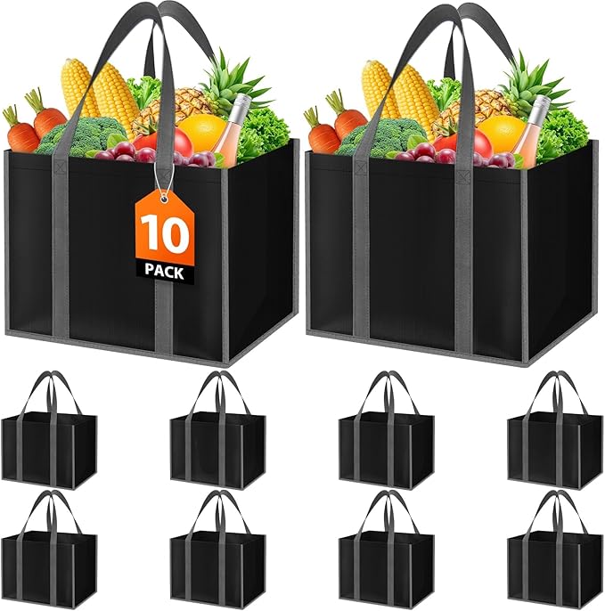 SpaceWhisper Reusable Grocery Bags with Long Handles [10 Pack] - Multipurpose Large Shopping Bags for Groceries, Foldable Grocery Totes Resist Water & Stains for Kitchen, Car Trunk, Picnic (Black)
