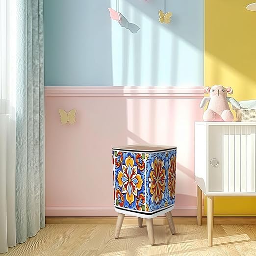 Small Trash Can with Lid Mexican talavera ceramic tile pattern Ethnic folk ornament Italian Wastebasket with Press Cover Dog Proof Garbage Can Waste Bin for Kitchen Bathroom Nursery 2.6 Gallon