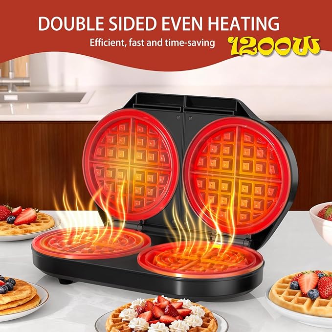 Double Waffle Maker, 6.5" Belgian Waffle Maker with 2 Independent Adjustable Temp Knobs, 1200W Waffle Iron with Nonstick Plates for Breakfast and Snacks, Easy to Clean, Stainless Steel, Black
