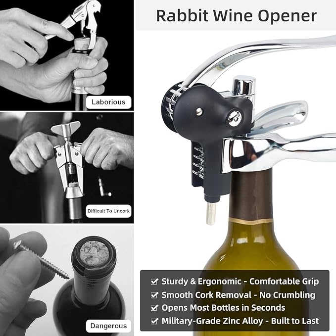 Wine Opener, Rabbit Corkscrew with Luxury Gift Box, Premium 5-Piece Set, Includes Wine Stopper, Foil Cutter, Wine Pourer, Quick and Easy Cork Extraction for Wine Lovers (Futura Silver)