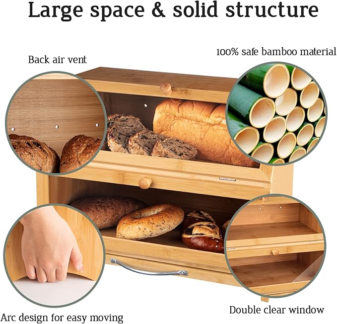 MAISONPEX Double Layer Bamboo Bread Box for Kitchen Countertop, Cutting Board, and Stainless Steel Bread Knife, Large Capacity Storage Container with Clear Windows (Self-Assembly)