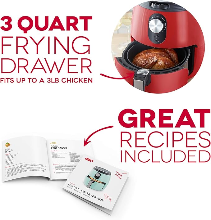 Dash Deluxe Air Fryer -Has AirCrisp® Technology - Adjustable Temperature Control & Auto Shut-Off Feature - Compact Nonstick Basket - 3 Quarts - Red