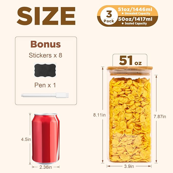 SHOWIN Glass Food Storage Jars Square 51oz, 3 Pack Glass Jars With Bamboo Lids, Kitchen Storage Containers For Spice, Candy, Cookie, Storage For Pantry Organizers