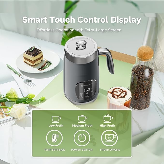 Milk Frother, Maestri House Variable Temp and Froth Thickness Milk Frother and Steamer, 14.1OZ/400ML Smart Touch Control Foam Maker, Memory Function for Latte, Warm Milk