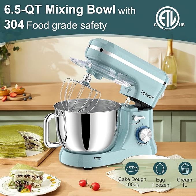 Stand Mixer Electric, 10+p Speeds With 6.5QT Stainless Steel Bowl,Dough Hook, Wire Whip & Beater,for Most Home Cooks(Blue)