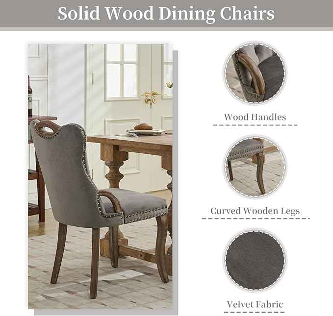 Grey Velvet Dining Chairs Set of 4，Modern Upholstered Dining Room Chairs with Tufted Back and Wood Accents, Curved Solid Wood Legs & Nailhead Trim, Sillas De Comedor Modernas 4