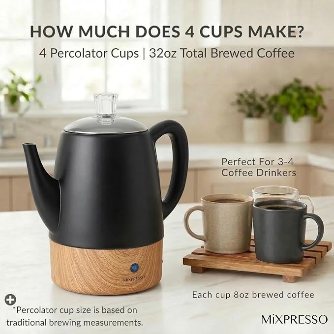 Mixpresso Black Small Electric Percolator Coffee Pot 4 Cup Stainless Steel - Coffee Percolator Electric with Keep Warm Function - Auto Shut-Off for Safe Daily Brewing