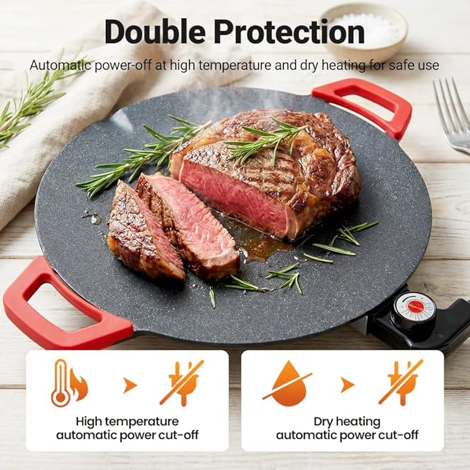 Non-Stick Electric Indoor Grill Pan, 2026 Upgraded Indoor Grills Electric Smokeless, Large Round Electric Griddle, Portable Electric KoreanBbq Grills, for Steaks, Pancakes, BBQ (12 inch)
