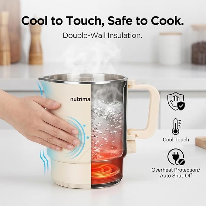 Electric Hot Pot, 0.8L Mini Portable Ramen Cooker for Shabu Shabu, Soup, Oatmeal. Rapid Heating Electric Pot for Dorm Room & Quick Meals. Dual Power Control, Stainless Steel Interior.