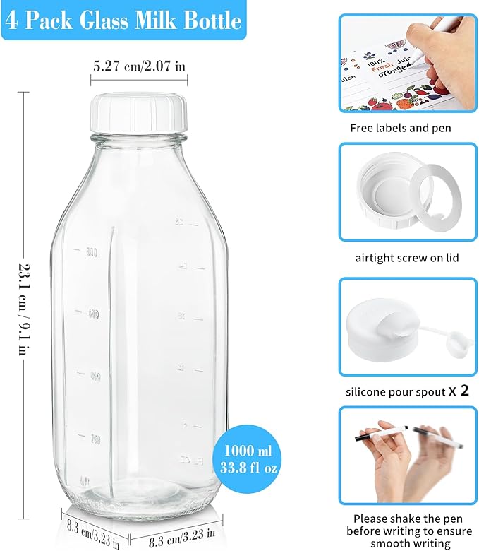 4 Pack 1 Liter Glass Milk Bottles w Scale, 100% Airtight Heavy Duty Screw Lid - 32 Oz Drinking Jars w 2 Pour Spouts - Glass Bottles for Milk, Honey, Jam, Creamer - Dishwasher Safe(Extra 2 Lids)