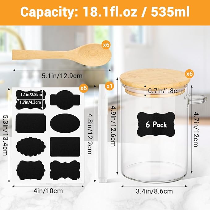 Glass Jar with Bamboo Lids and Spoon - 6 Pack 18 Fl.oz Round Food Storage Containers, Includes Labels and Marker, Airtight Tea Canister Pantry Jars for Sugar, Ground Coffee, Oats, Meal Prep