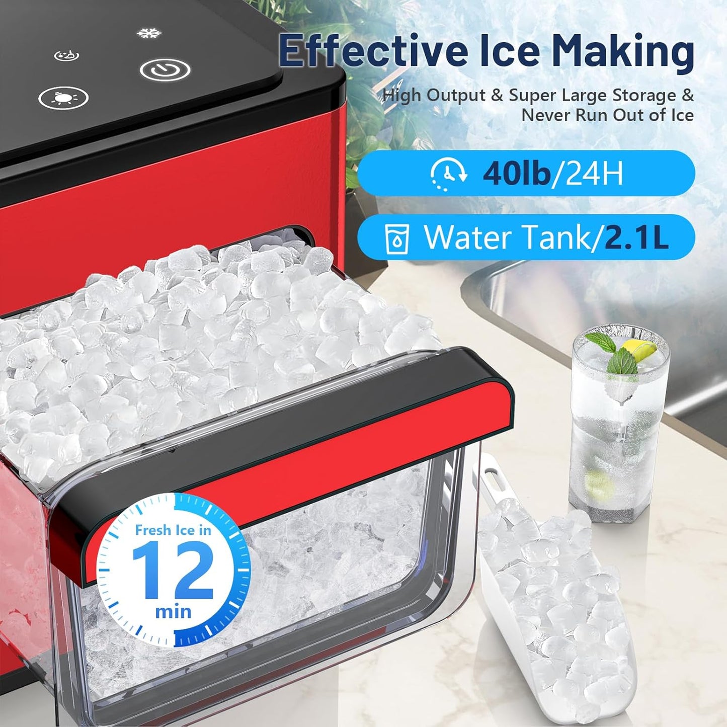 Nugget Ice Maker Countertop, Large Capacity 40lbs/24H, Pebble Ice Maker with Soft Chewable Ice, Self Cleaning, Smart Touch Screen, Sonic Ice Machine for Home Office Party RV - Red