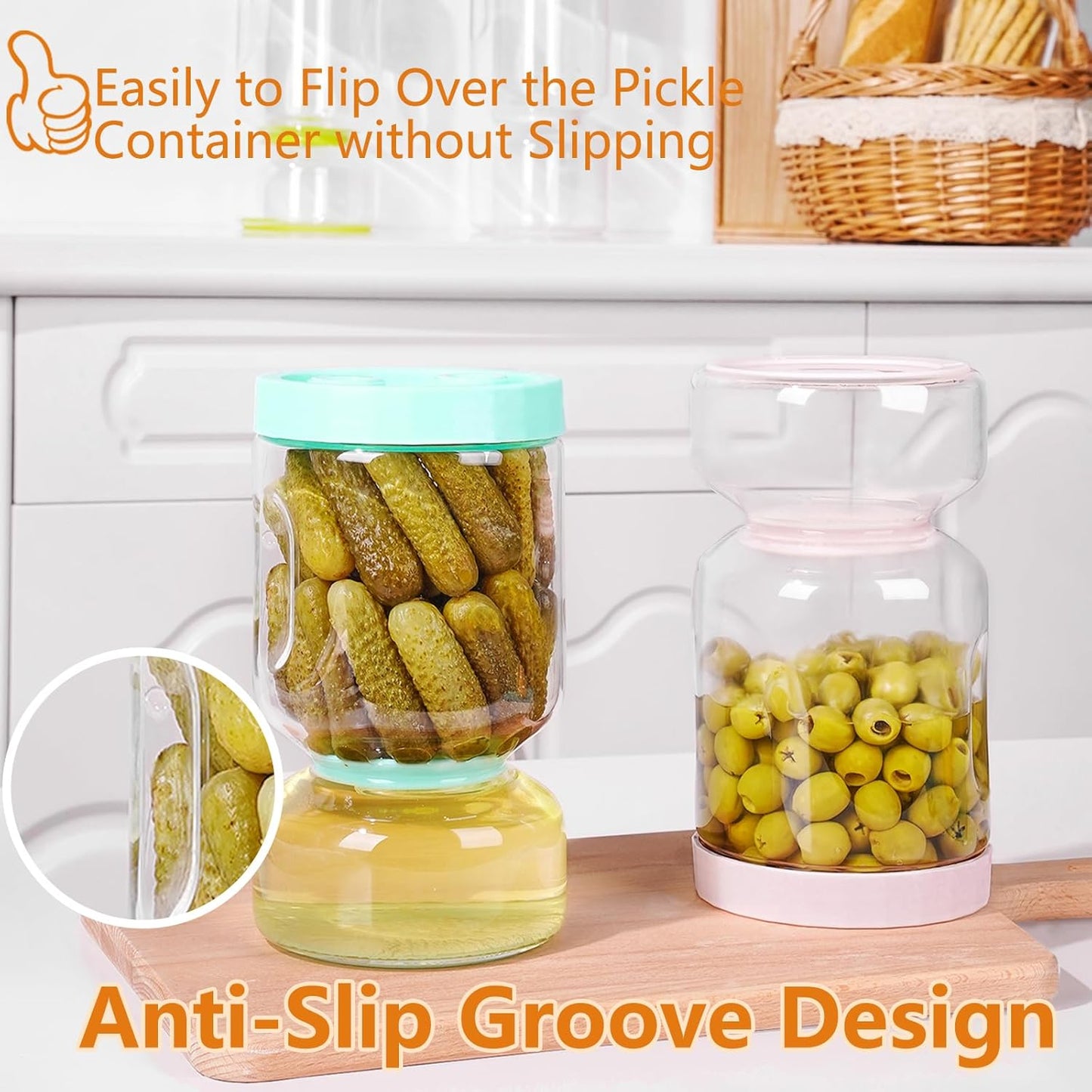 ZENS Pickle Jar with Strainer Flip, 64 oz Pickle Container Pickle Juice Separator Hourglass Jar for Olive Keeper, Leakproof Glass Pickle Holder Jars for Pickling Dill Sliced Storage, Gifts for Mom