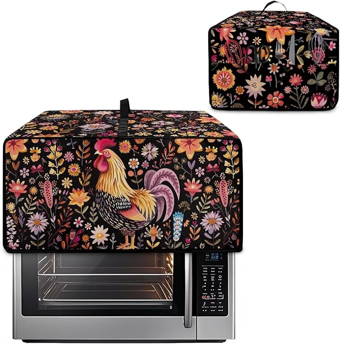 Microwave Oven Cover Air Fryer Toaster Oven Dust Cover with Accessory Pockets, Stain-resistant Small Electric Appliance Protector for Kitchen, L, Rooster Chicken Floral Black