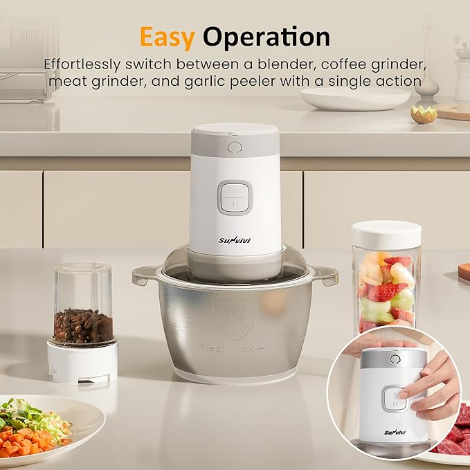 Sunvivi 4-IN-1 Food Processor: Electric Chopper for Meat Grinder, Vegetable Chopper, Juicer, Garlic Peeler & Coffee Grinder, 350W Portable Blender with 2 Speeds, Stainless Steel Bowl, 2 Cups, White