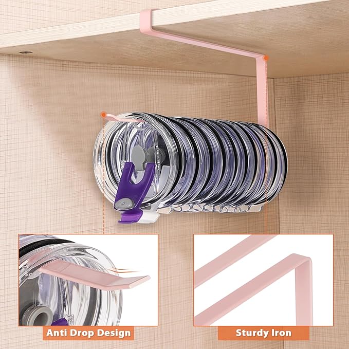 Tumbler Lid Organizer, Horizontal Tumbler Lid Storage Hook Up to 10 Lids, Space Saving Cup Lid Holders Under Cabinet Tumbler Lid Hook for Kitchen Organizer and Storage, Paper Towel Rack Hanger (Pink)