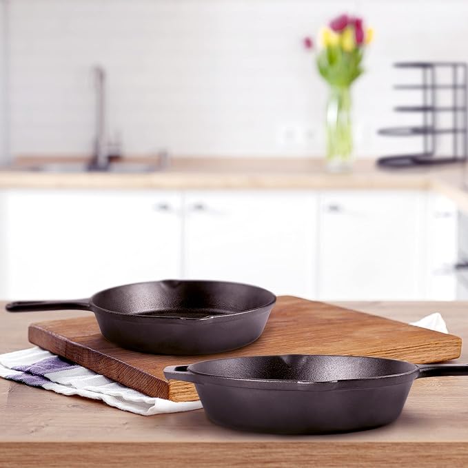 Cast Iron Skillet Set - 8" + 12"-Inch Frying Pan - Pre-Seasoned Oven Safe Cookware + 2 Heat-Resistant Handle Holder Grips - Indoor/Outdoor Use - Grill, Stovetop, Induction Safe. PFAS and PFOA-free