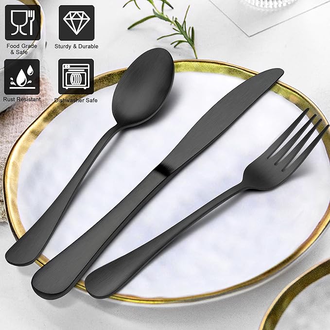 LIANYU 60 Piece Matte Black Silverware Flatware Set, Stainless Steel Satin Finish Black Flatware Cutlery Set for 12, Fancy Kitchen Utensil Tableware for Home Restaurant Party, Dishwasher Safe