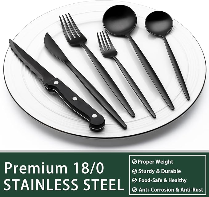 EWFEN 24-Piece Black Silverware Set with Steak Knives, Black Flatware Set for 4, Food-Grade Stainless Steel Tableware Cutlery Set, Mirror Finished Utensil Sets for Home Restaurant, Long Edge