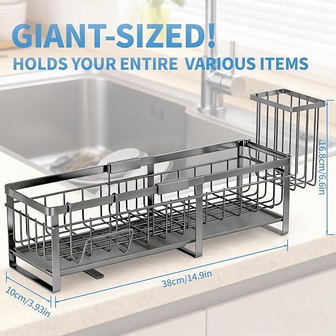 Extra Large Extendable Sponge Holder for Kitchen Sink, Rustproof Sink Caddy Organizer with High Brush Holder, Dish Soap Dispenser Organizers and Storage (Gray)