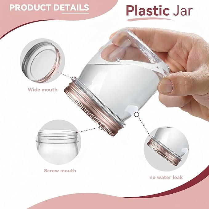 novelinks 8 oz Clear Plastic Jars with Airtight Lids, 32 Pack Plastic Mason Jars with Lids 8oz, Refillable Storage Slime Containers & Small Spice Jar for Kitchen Organization (32 Pack,Rose Gold)