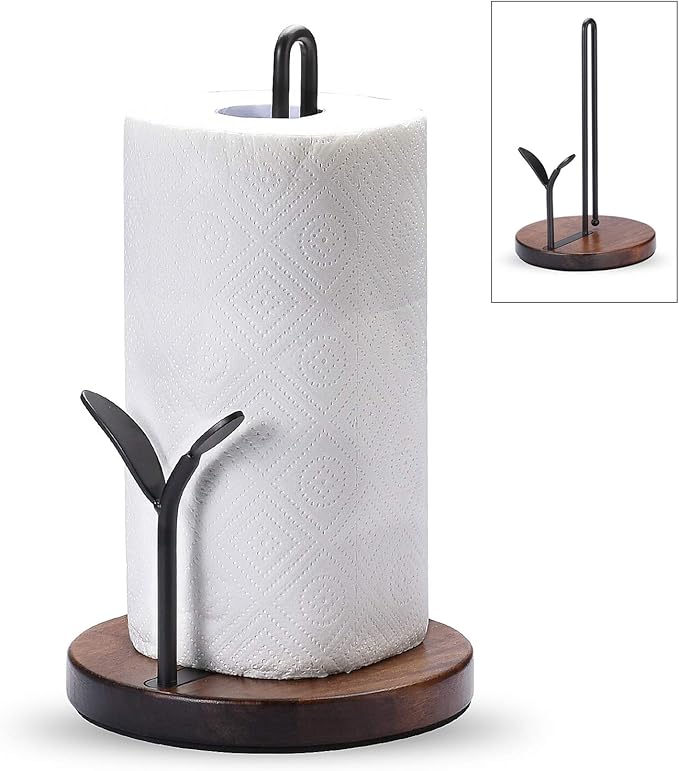 Standing Paper Towel Holder, Kitchen Paper Hanger Rack, Simply Tear Wooden Paper Towel Organizer Roll Dispenser for Cabinet Countertop Dining Room Table, Black