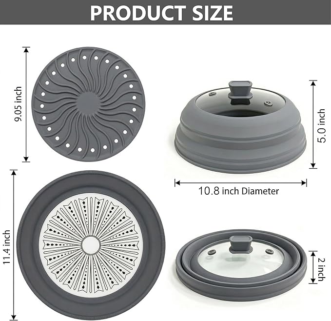 3 in 1 Microwave Splatter Glass Cover with Silicone Mat and Base Plate,BPA Free Collapsible Silicone Microwave Food Cover with Vent Hole and Anti-scald Silicone Handle,Dishwasher Safe (Large-Gray)